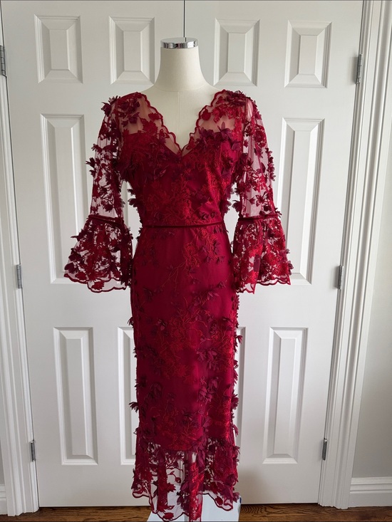 Marchesa Notte Dresses & Skirts - Marchesa Notte Red Lace Midi Dress 3d Floral Appliqué Mesh Wedding Guest Size 10
